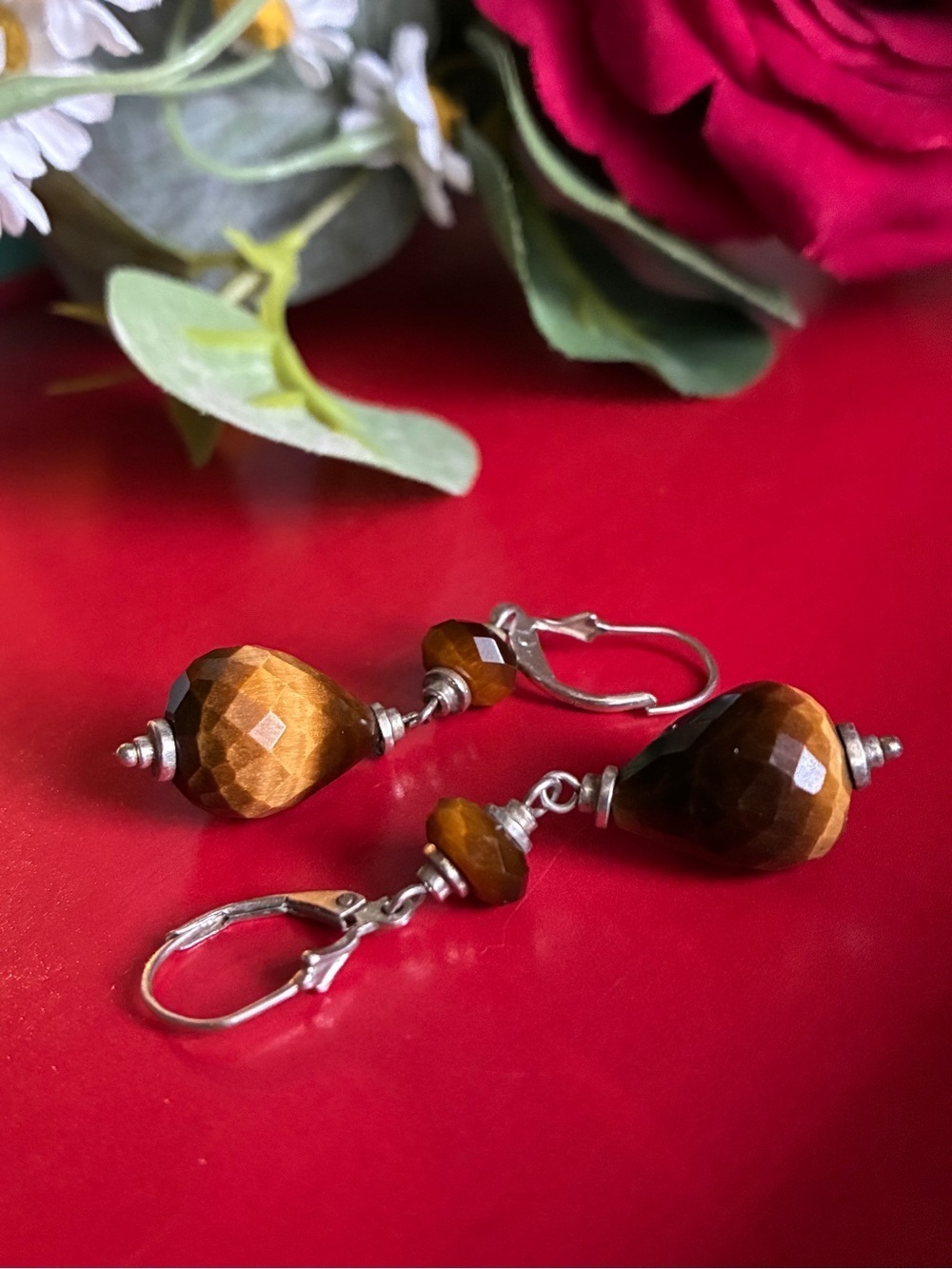 925 Silver Earrings, Faceted Tiger Eye Drop Earrings — Brown and Silver - Picture 6 of 7
